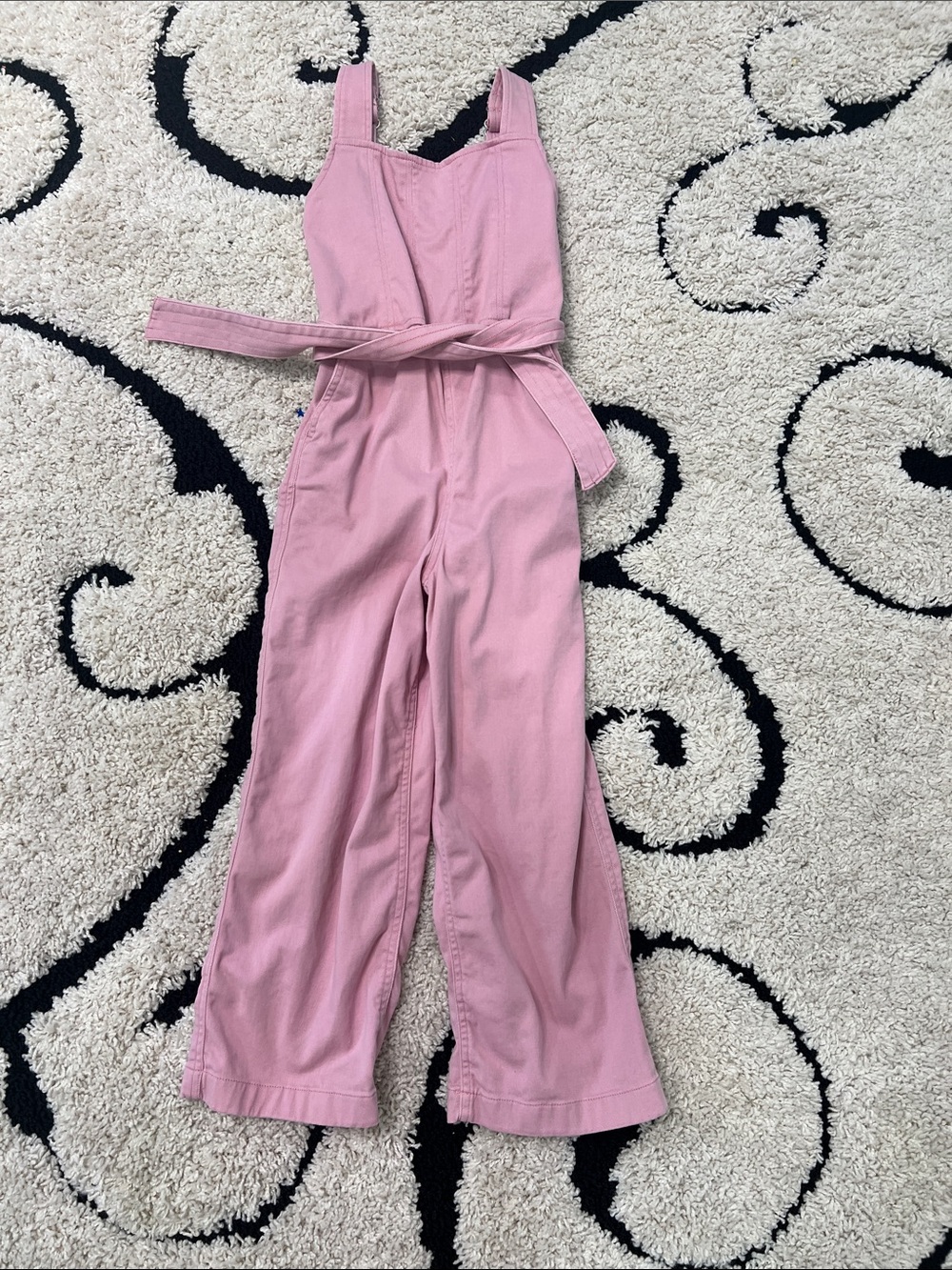 Pink Wide-Leg Denim Jumpsuit with Tie Waist